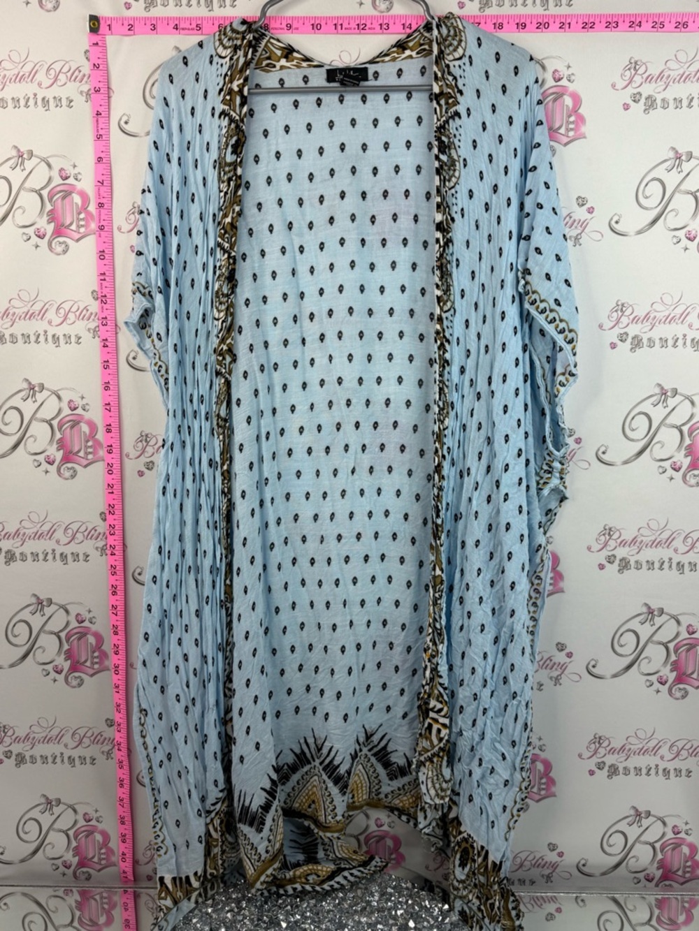 Nicole Miller cardigan Light Blue Printed Open Front Cardigan with Brown Trim